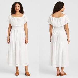 NAOO Nation AK Outfits Boho, Tiered, Off-Shoulder, White Maxi Dress, 1X
